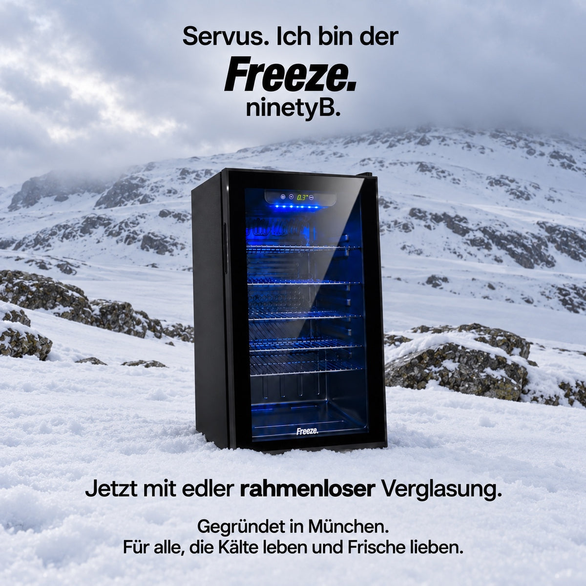 Freeze. NinetyB+ 90L Getränkekühlschrank mit Vollglas-Tür, Mini Kühlschrank für 126 Dosen mit verstellbaren Regalen, Weinkühler für Zuhause, Bar & Büro, Schwarz