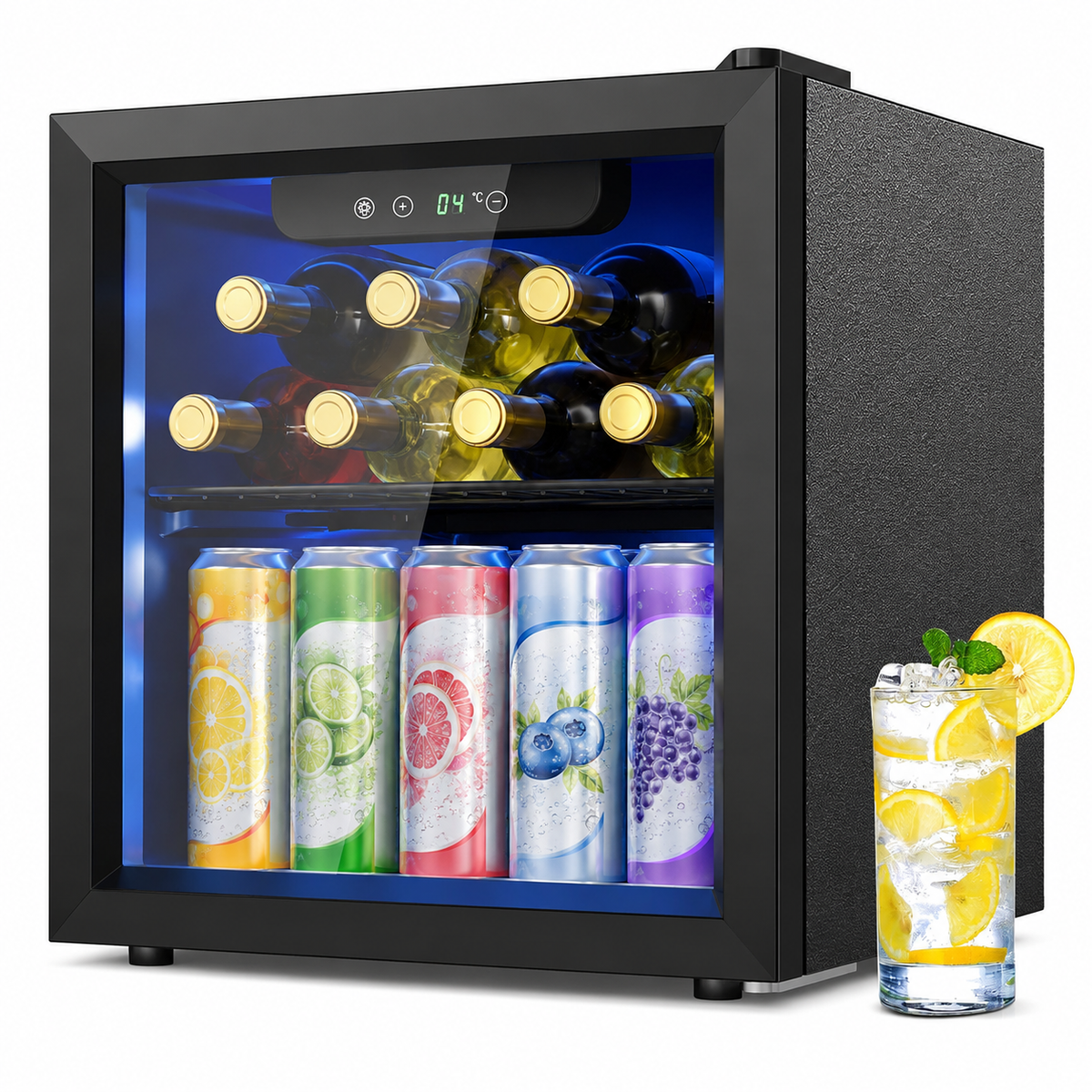 Getränkekühlschrank, Mini Kühlschrank mit Glastür, Bierkühler, Tisch-Getränkekühlschrank für 55 Dosen, Schwarz Freistehender Kühlschrank mit LED, 43dB, für Büro, Zimmer, Bar, 36L, Geräuscharm