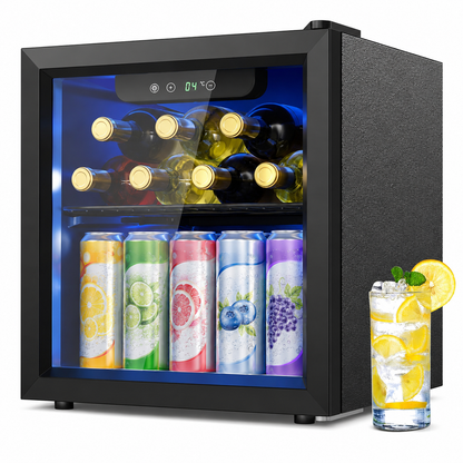 Getränkekühlschrank, Mini Kühlschrank mit Glastür, Bierkühler, Tisch-Getränkekühlschrank für 55 Dosen, Schwarz Freistehender Kühlschrank mit LED, 43dB, für Büro, Zimmer, Bar, 36L, Geräuscharm