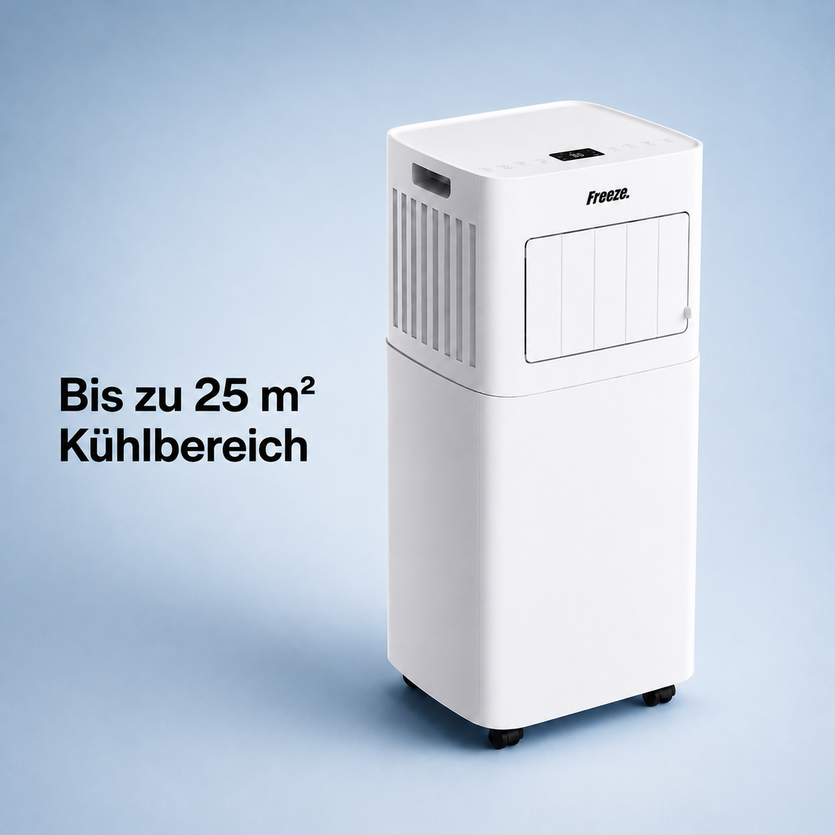 Freeze Mobile Klimaanlage Weiß – Monoblock-Klimagerät mit LED-Display & Fernbedienung, Timer und Sleep‑Modus, verstellbarer Luftauslass, Kindersicherung, Rollen, inkl. Abluftschlauch & Fensterkit