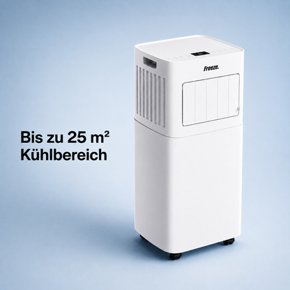 Freeze Mobile Klimaanlage Weiß – Monoblock-Klimagerät mit LED-Display & Fernbedienung, Timer und Sleep‑Modus, verstellbarer Luftauslass, Kindersicherung, Rollen, inkl. Abluftschlauch & Fensterkit