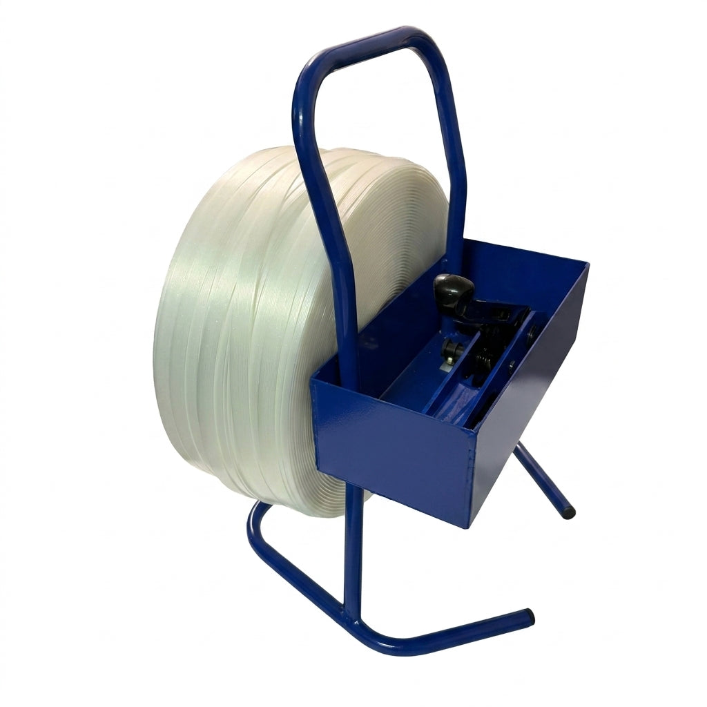 Umreifungsset 16 mm komplett mit Abroller, Bandspanner, 850 m Polyesterband, Handschuhe, 500 Klemmen & 100 Kantenschutzecken – Verpackungsset für Paletten, Versand & Lager