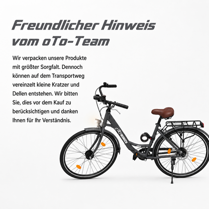 oToMUNICH Base Boring Grey 28 Zoll Fahrrad, Single Speed, City-Bike, Tiefeinsteiger mit Stahlrahmen, Nabendynamo 60 Lux LED Frontlicht, mit Tracker, Fahrradcomputer, Handyhalterung und Gepackträger