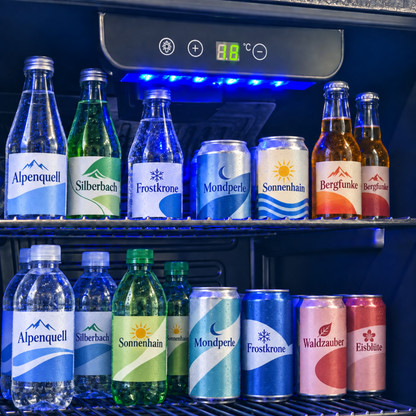 Freeze. NinetyB+ 90L Getränkekühlschrank mit Vollglas-Tür, Mini Kühlschrank für 126 Dosen mit verstellbaren Regalen, Weinkühler für Zuhause, Bar & Büro, Schwarz
